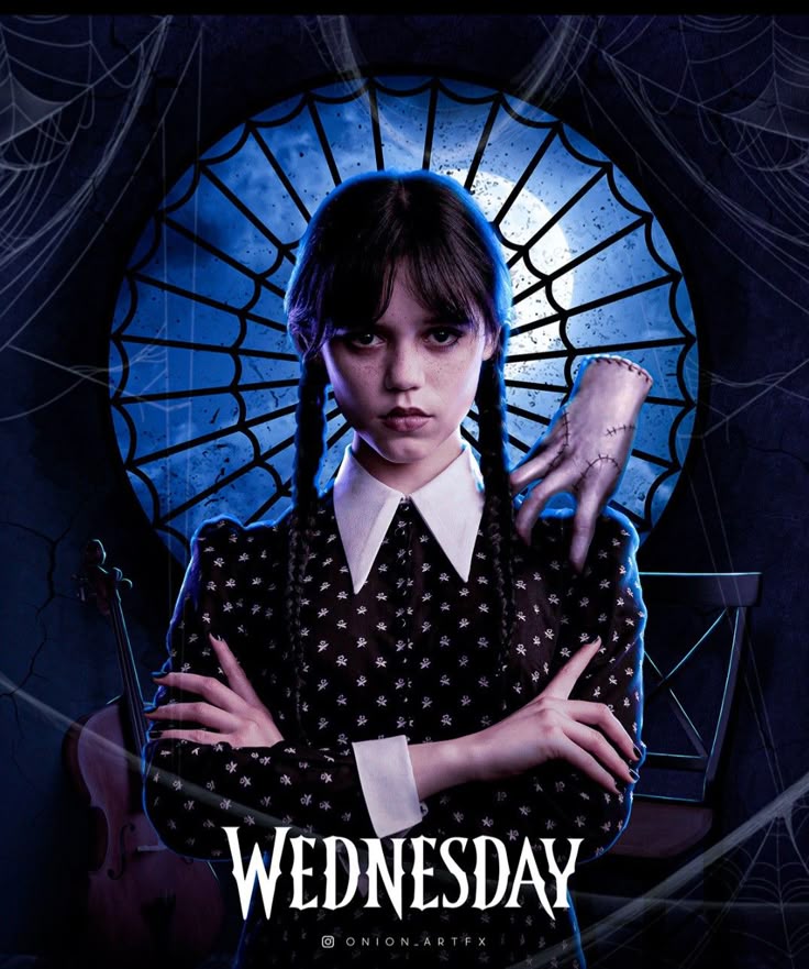 wednesday-season-2 Netflixドラマ「ウェンズデー」シーズン2,ゴシックな窓の前で腕を組む、主演女優、ジェナ・オルテガ、ハンド