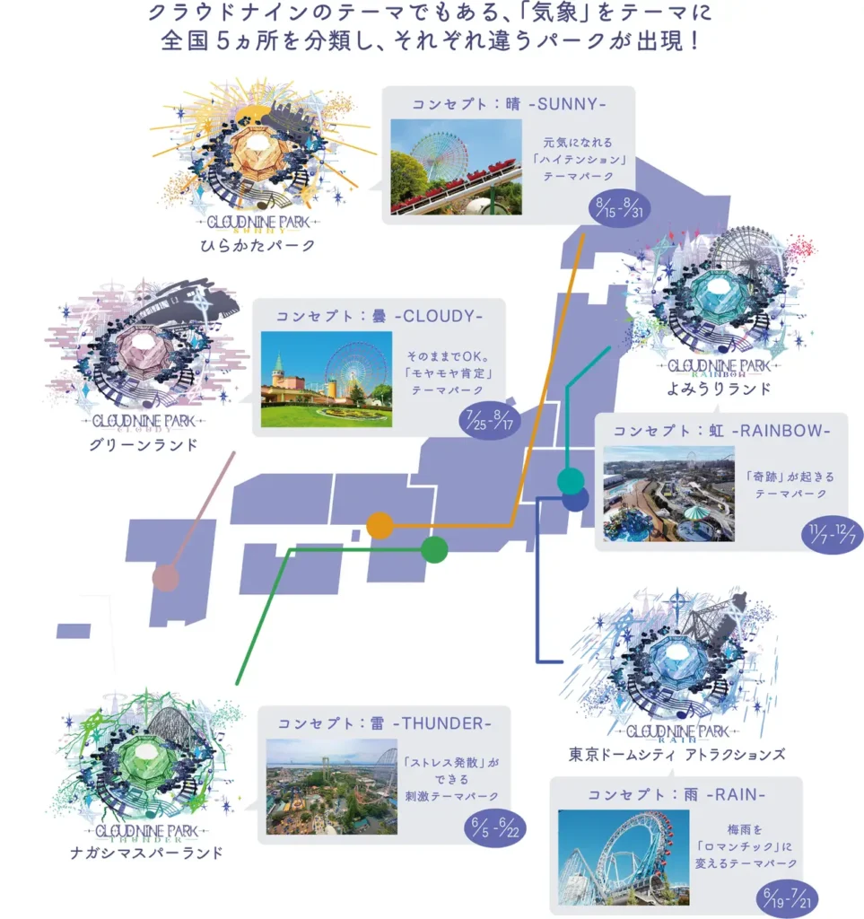 全国マップ、Ado/shallm/平手友梨奈|クラウドナイン音楽テーマパーク「CLOUD NINE PARK」、全国5ヶ所人気遊園地とコラボ!